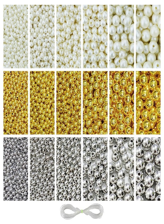REGLET 1800 Pcs Off White + Pcs 1800 Silver + 1800 Pcs Golden Pearl Beads for Bracelet Making Set - Beading, Crafting, Beadwork, Embroidery, Jewellery Making Kit - Sizes 4, 5, 6, 8, 10, 12mm - 540g - Image 1